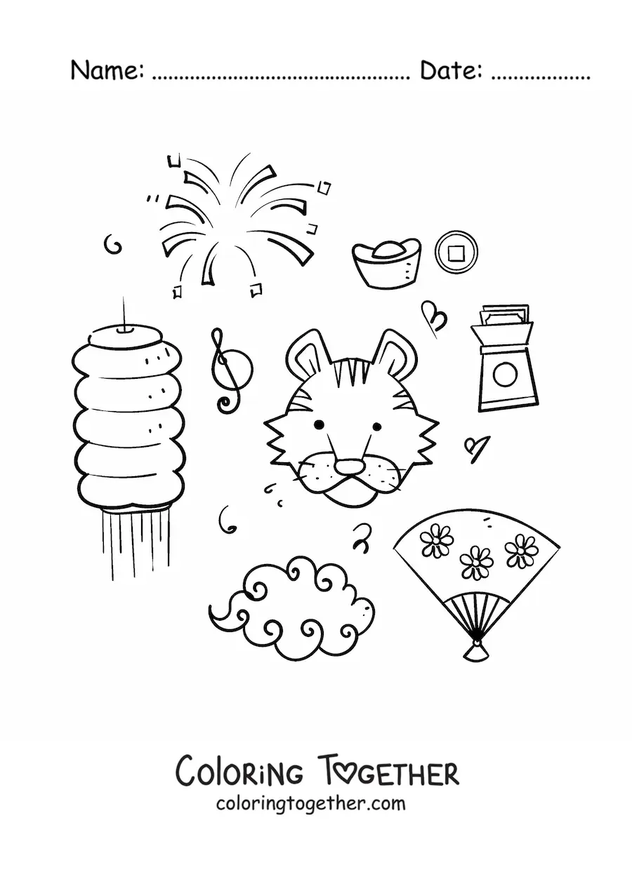 Coloring page of kawaii elements of Chinese culture