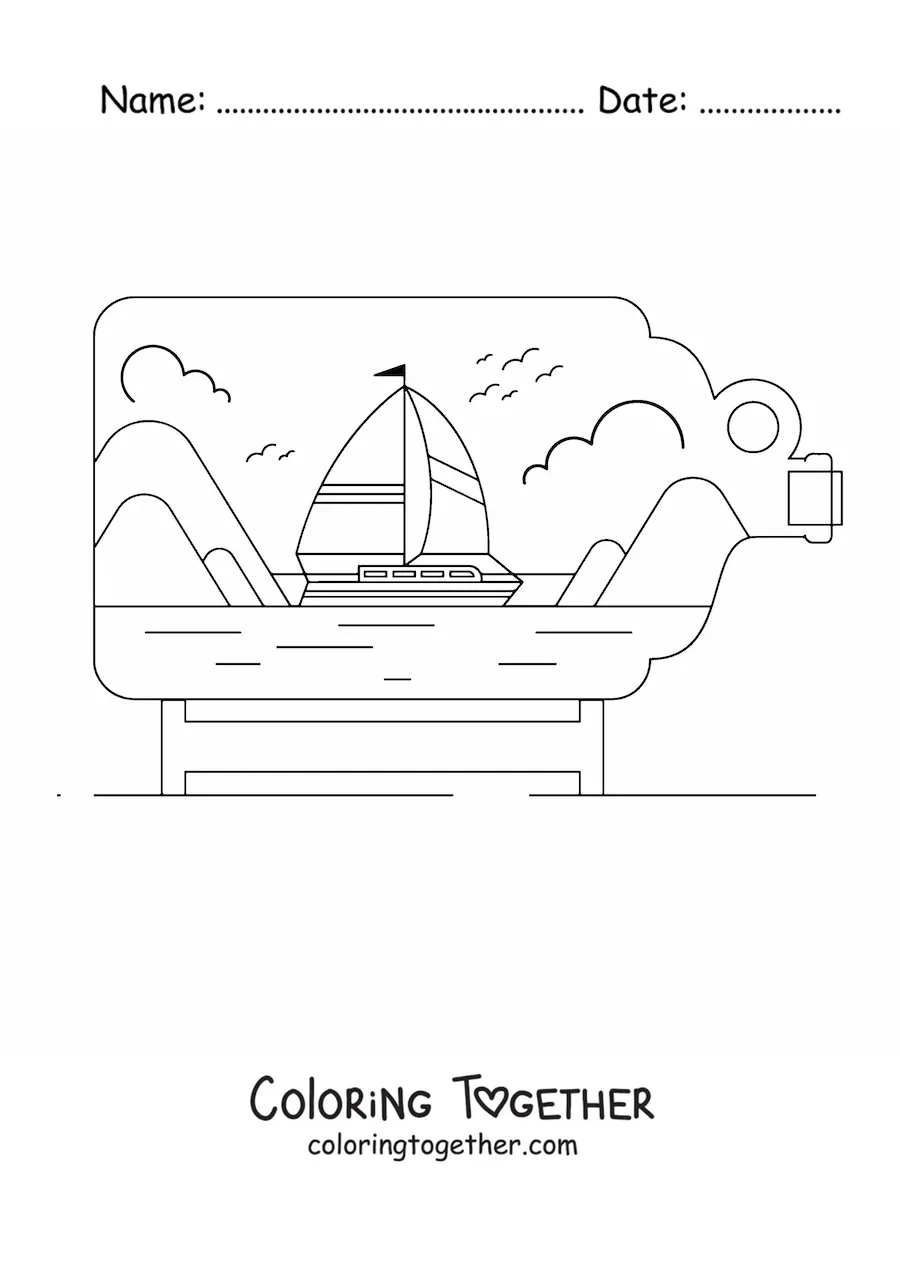 Coloring page of a boat at sea with clouds inside a bottle