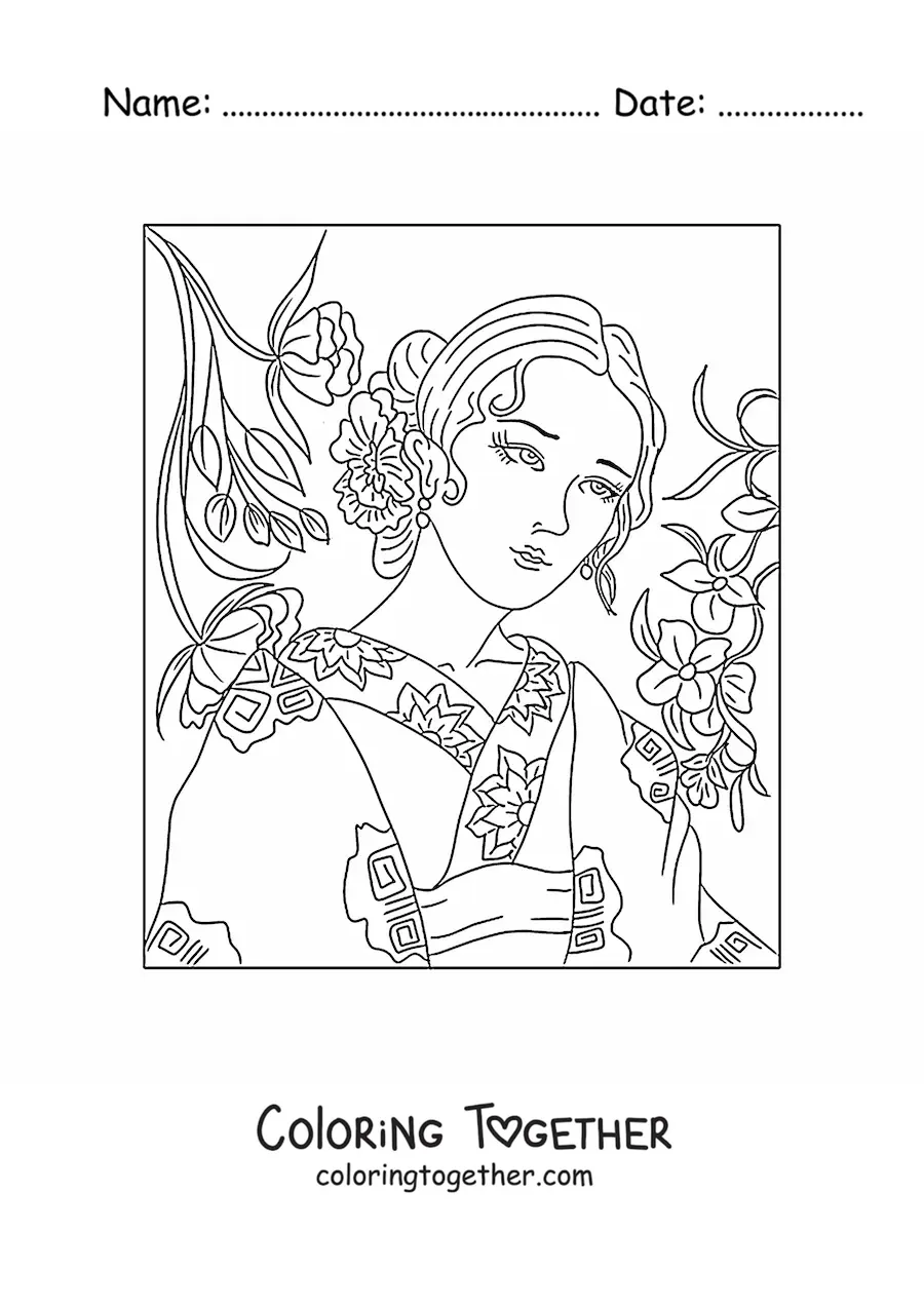 Coloring page of a beautiful Chinese woman in traditional dress