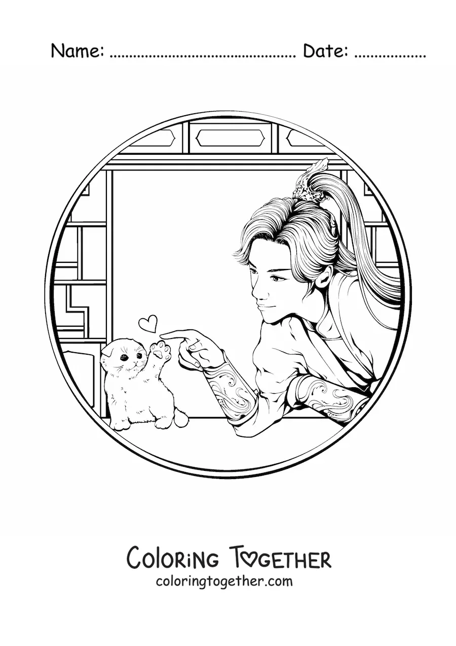 Coloring page of a beautiful Chinese warrior woman with a cat