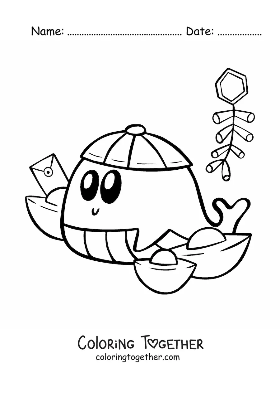 Coloring page of an animated kawaii whale celebrating Chinese New Year