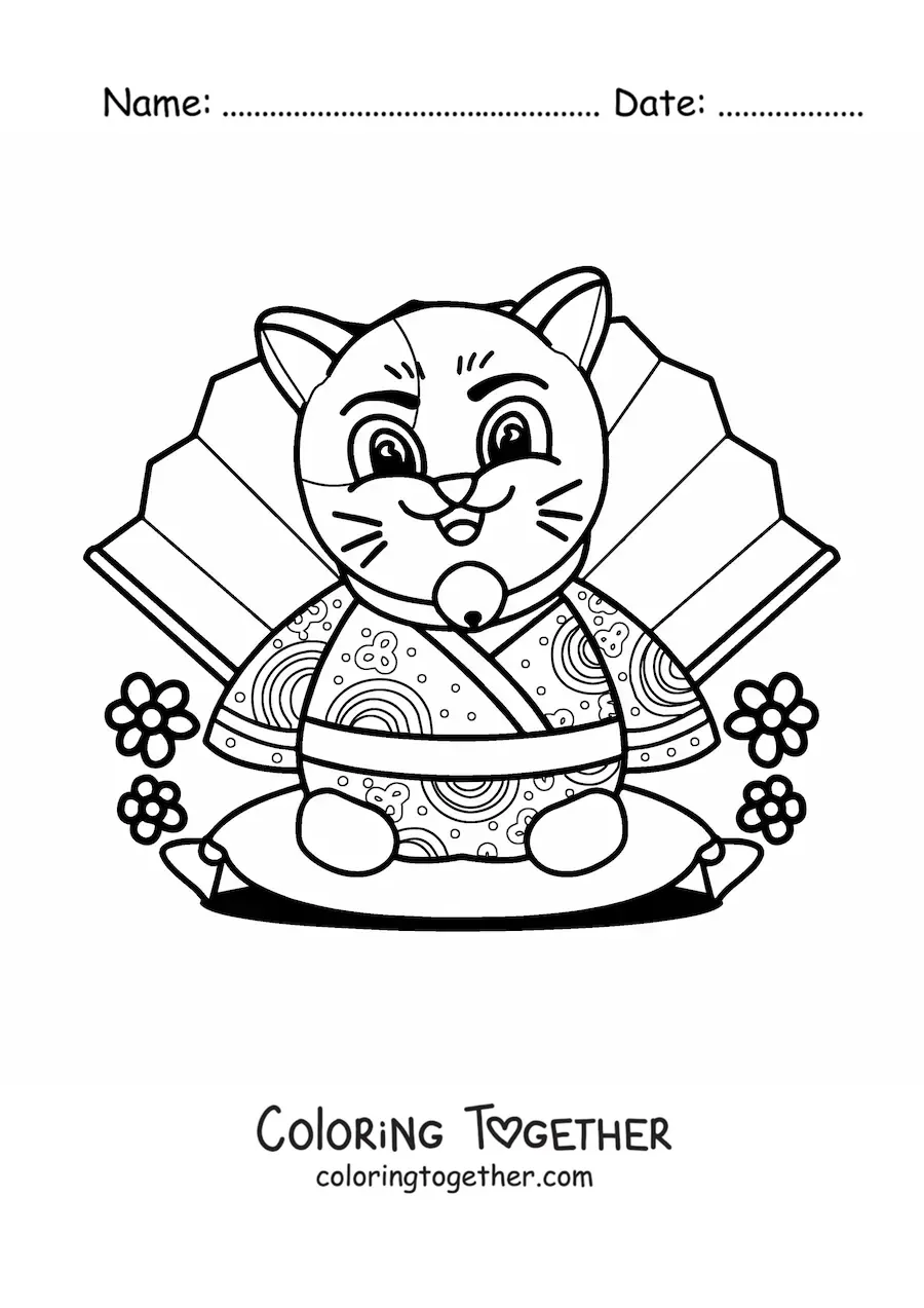 Coloring page of an animated Chinese cat