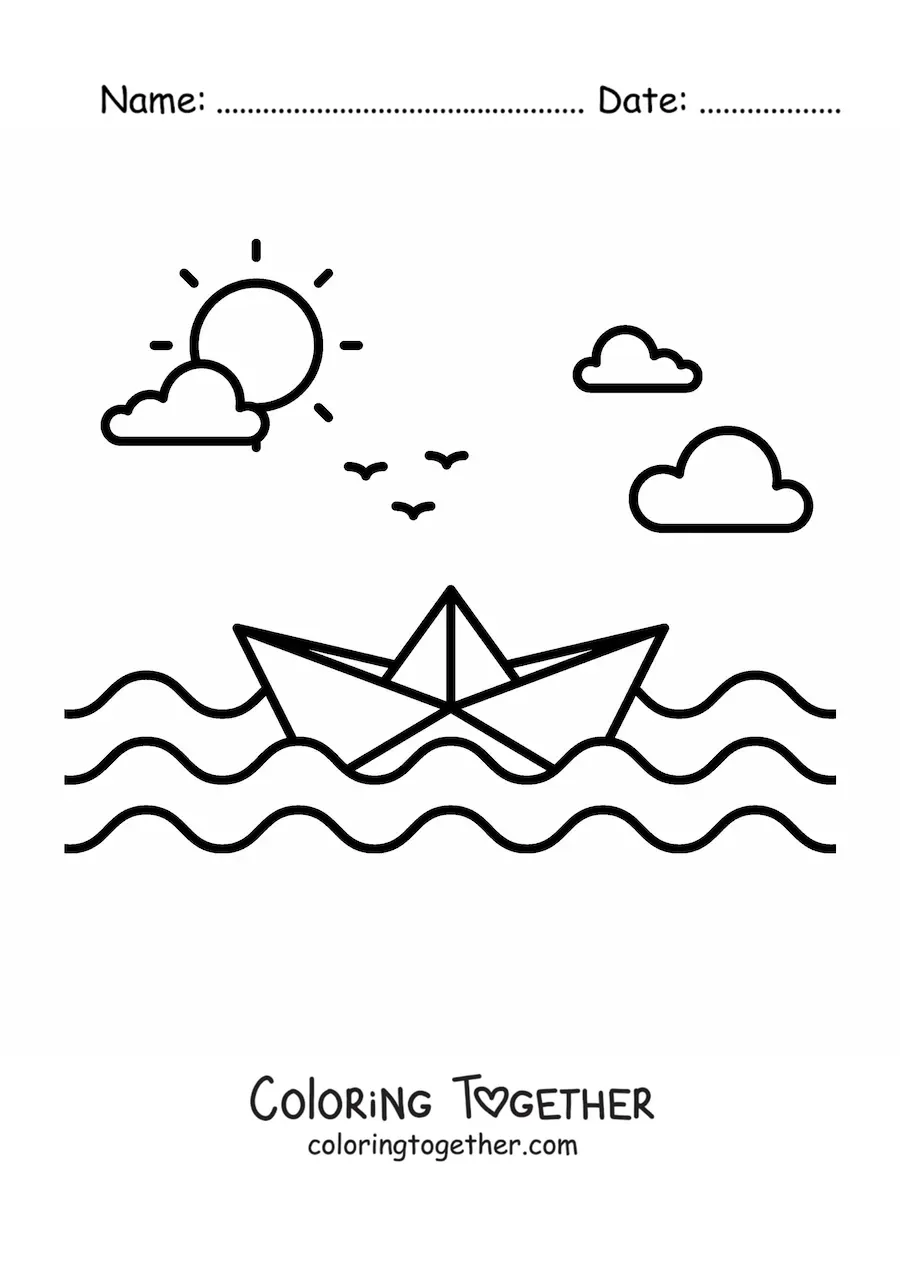 Coloring page of a paper boat at sea