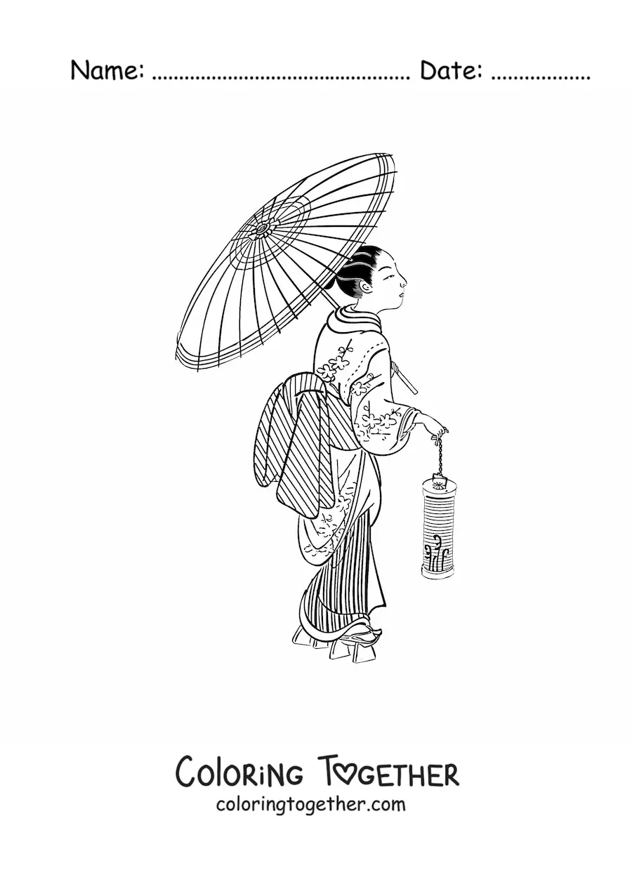 Coloring page of a Chinese woman with a parasol