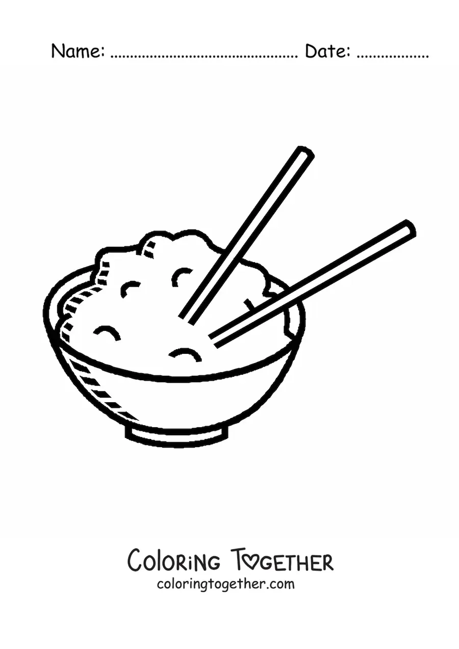 Coloring page of a plate of rice with Chinese chopsticks