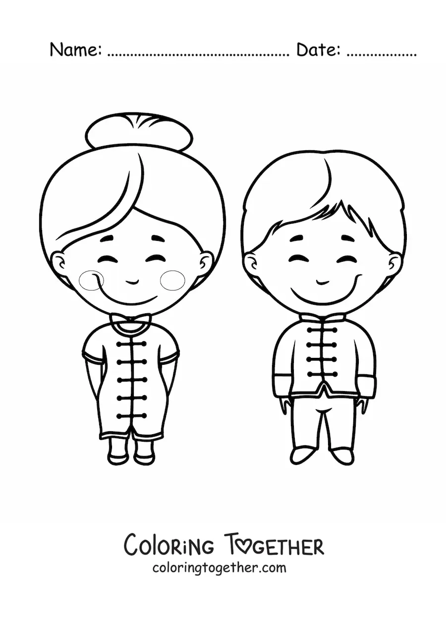 Coloring page of a Chinese man and woman in traditional dress