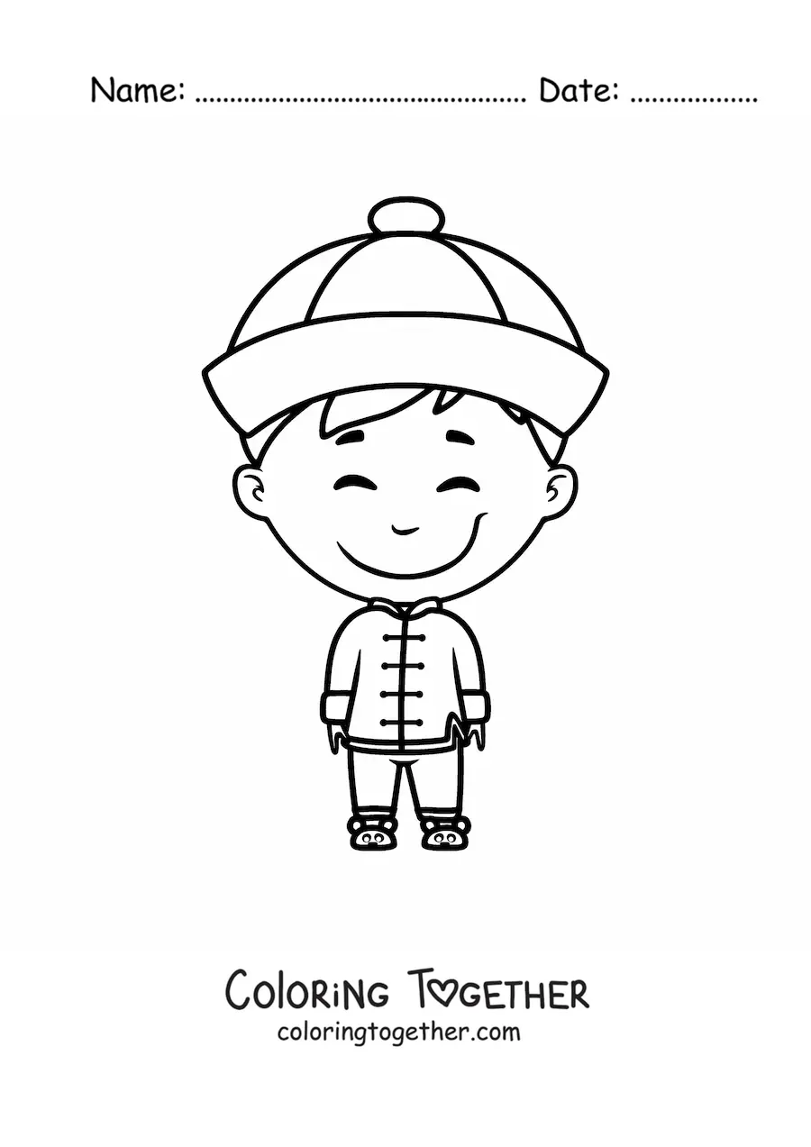 Coloring page of a Chinese boy in traditional dress
