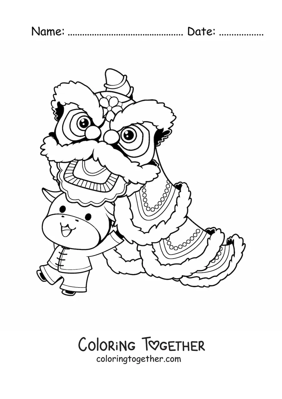 Coloring page of an animated cow with a Chinese dragon