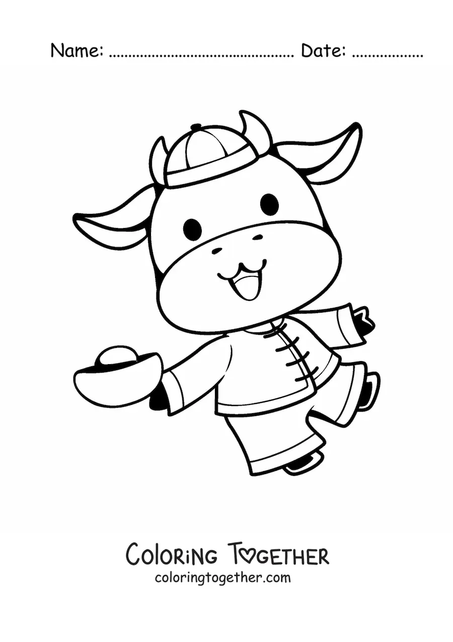Coloring page of an animated cow celebrating Chinese New Year