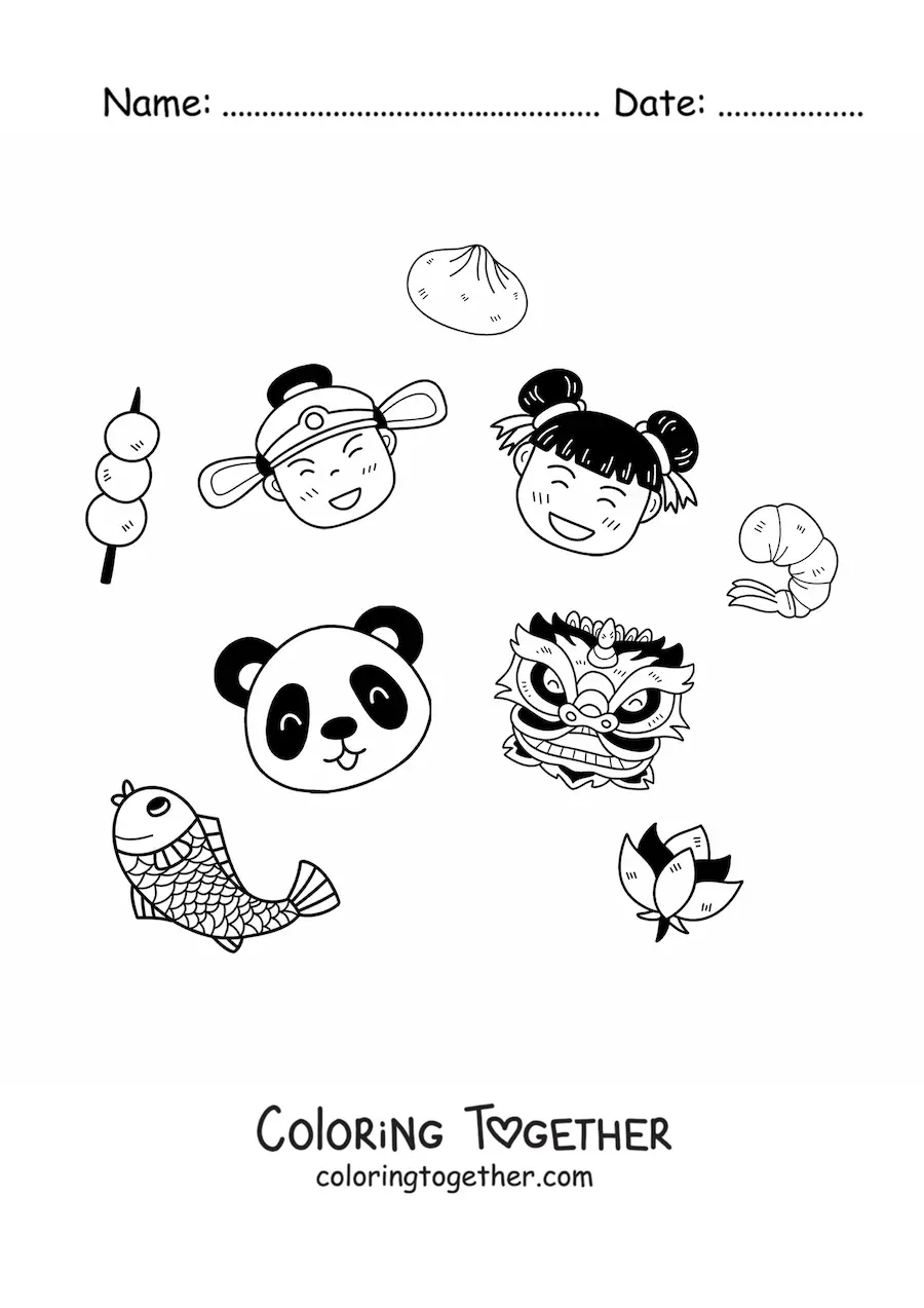 Coloring page of kawaii Chinese children with a panda and a Chinese mask