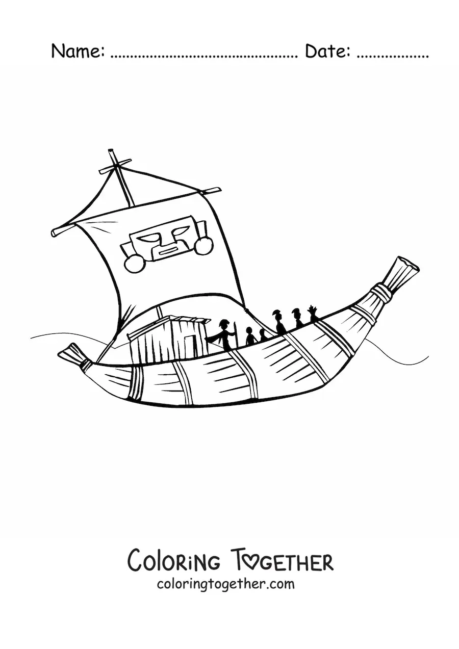 Coloring page of an Inca boat with crew members at sea