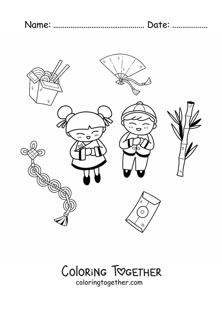 Coloring page of kawaii Chinese children with elements of Chinese culture