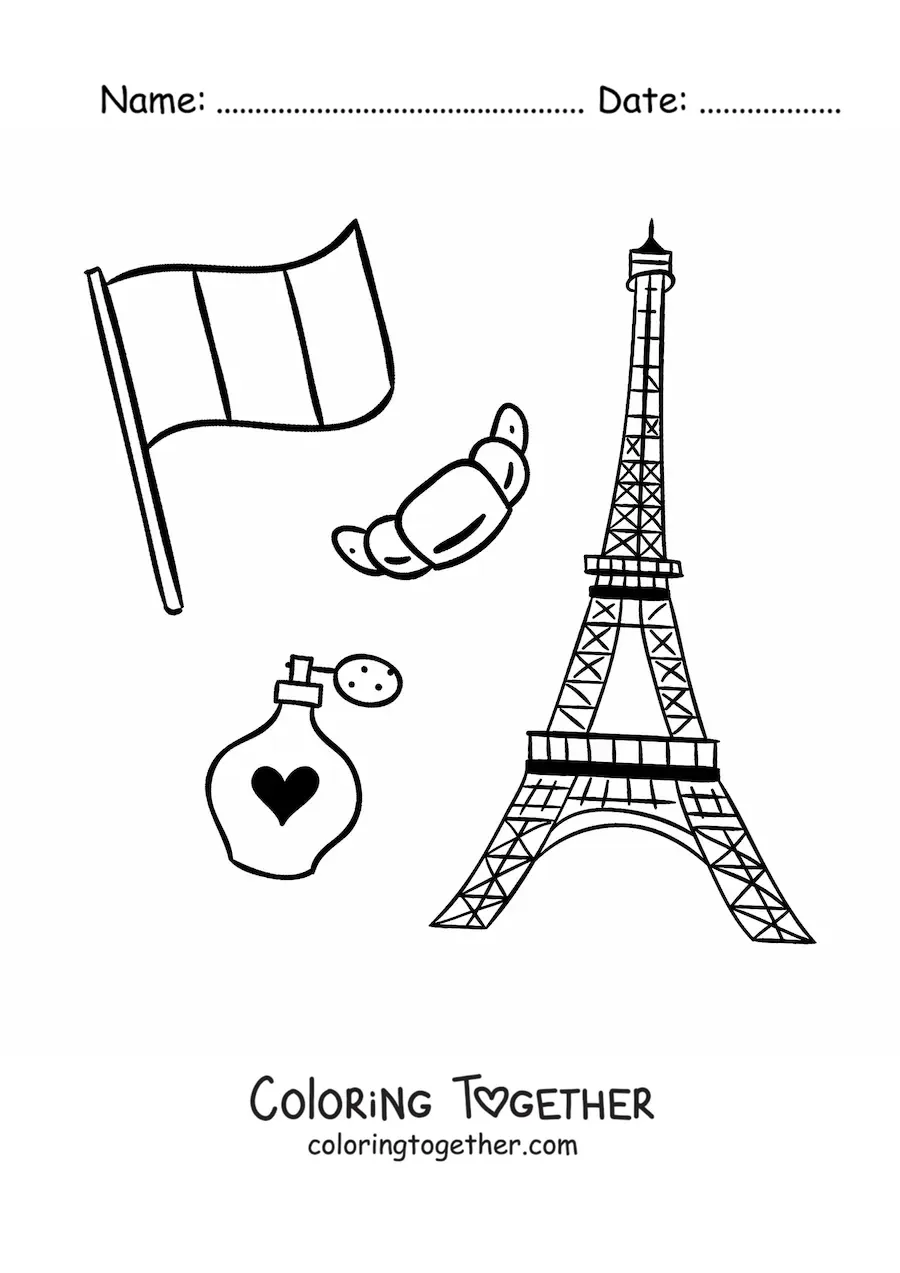 Coloring page of the Eiffel Tower and the flag of France