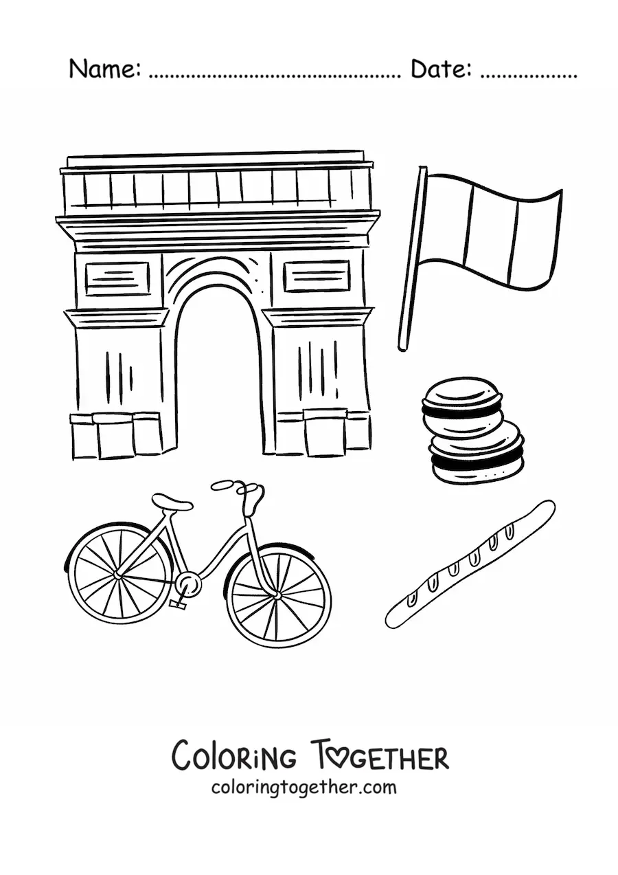 Coloring page of the Arc de Triomphe in Paris and the flag of France