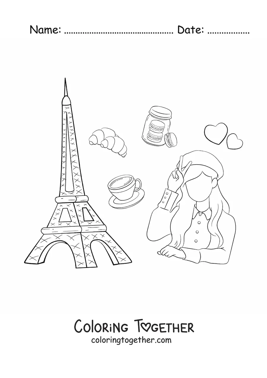 Coloring page of the Eiffel Tower and a French girl