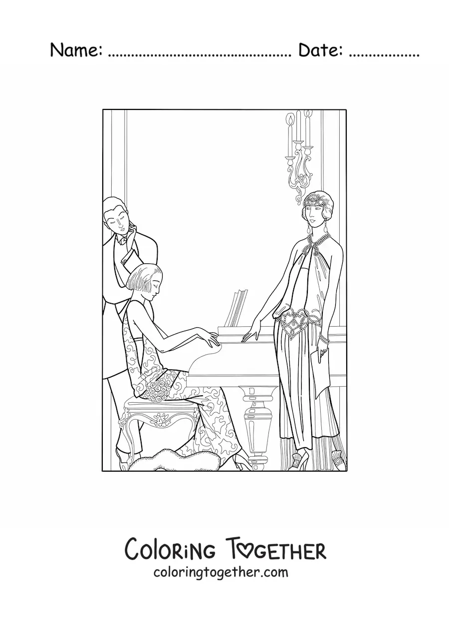 Coloring page of French girls from the 1920s