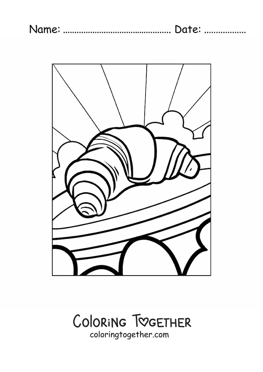 Coloring page of a croissant on a plate