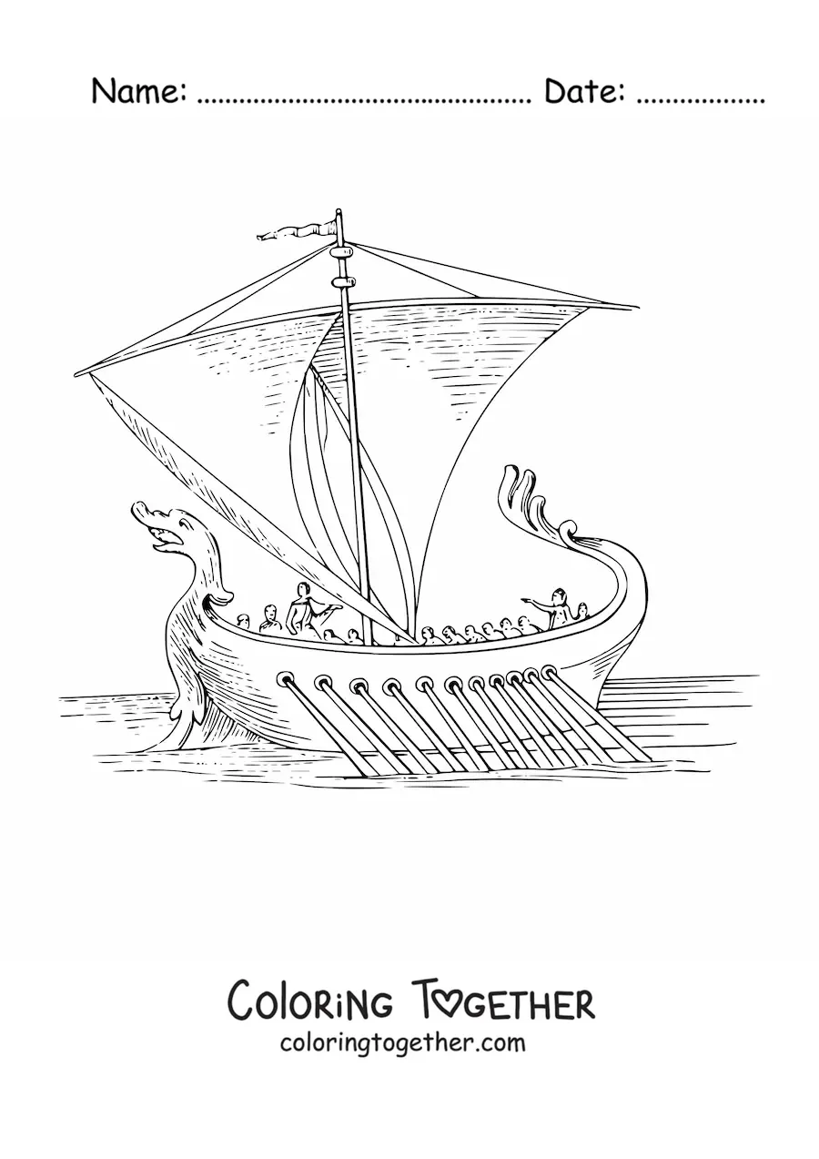 Coloring page of an ancient Roman ship with a serpent bow at sea