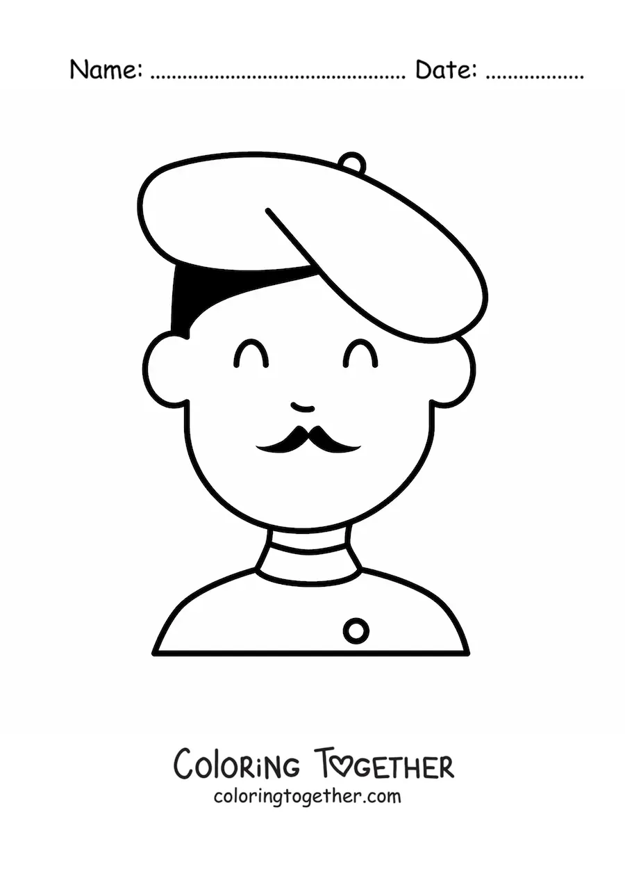 Coloring page of a cartoon French man with a beret