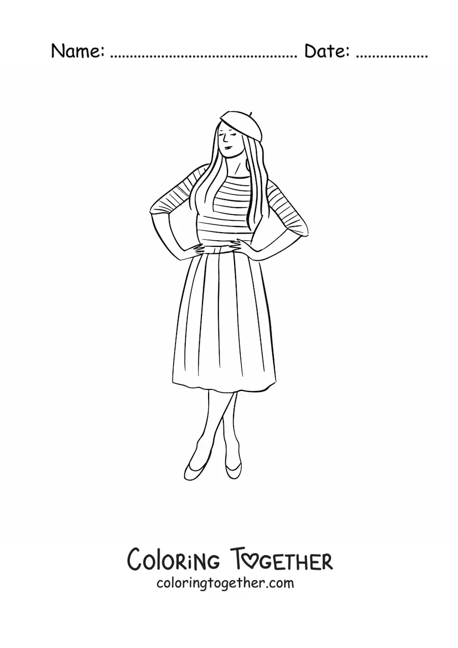 Coloring page of a fashionable French girl
