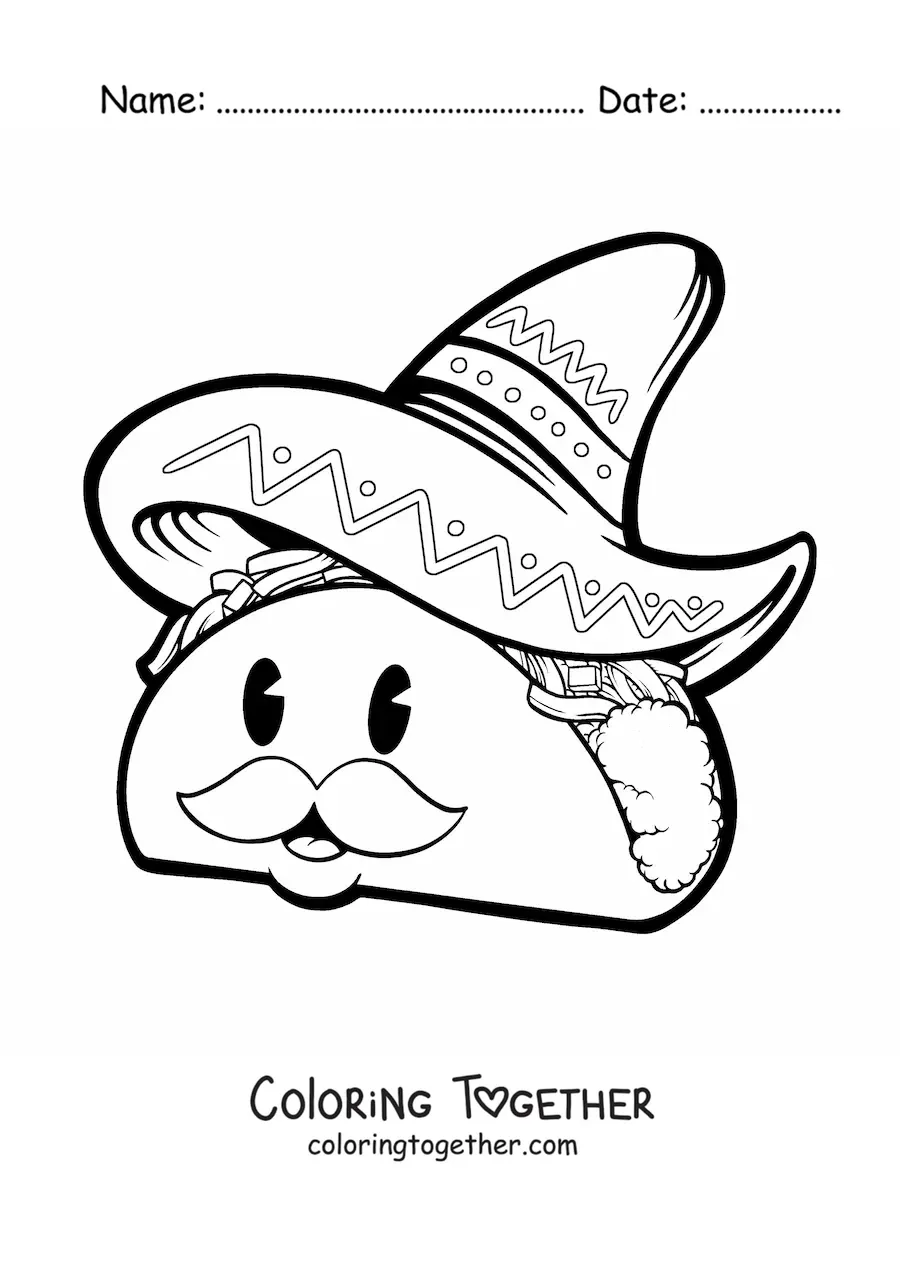 Coloring page of a cartoon Mexican taco