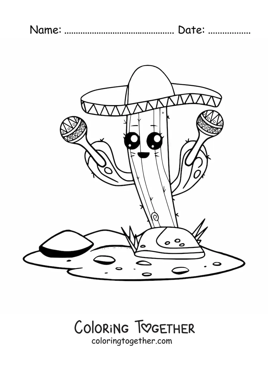 Coloring page of a cute kawaii cartoon Mexican cactus