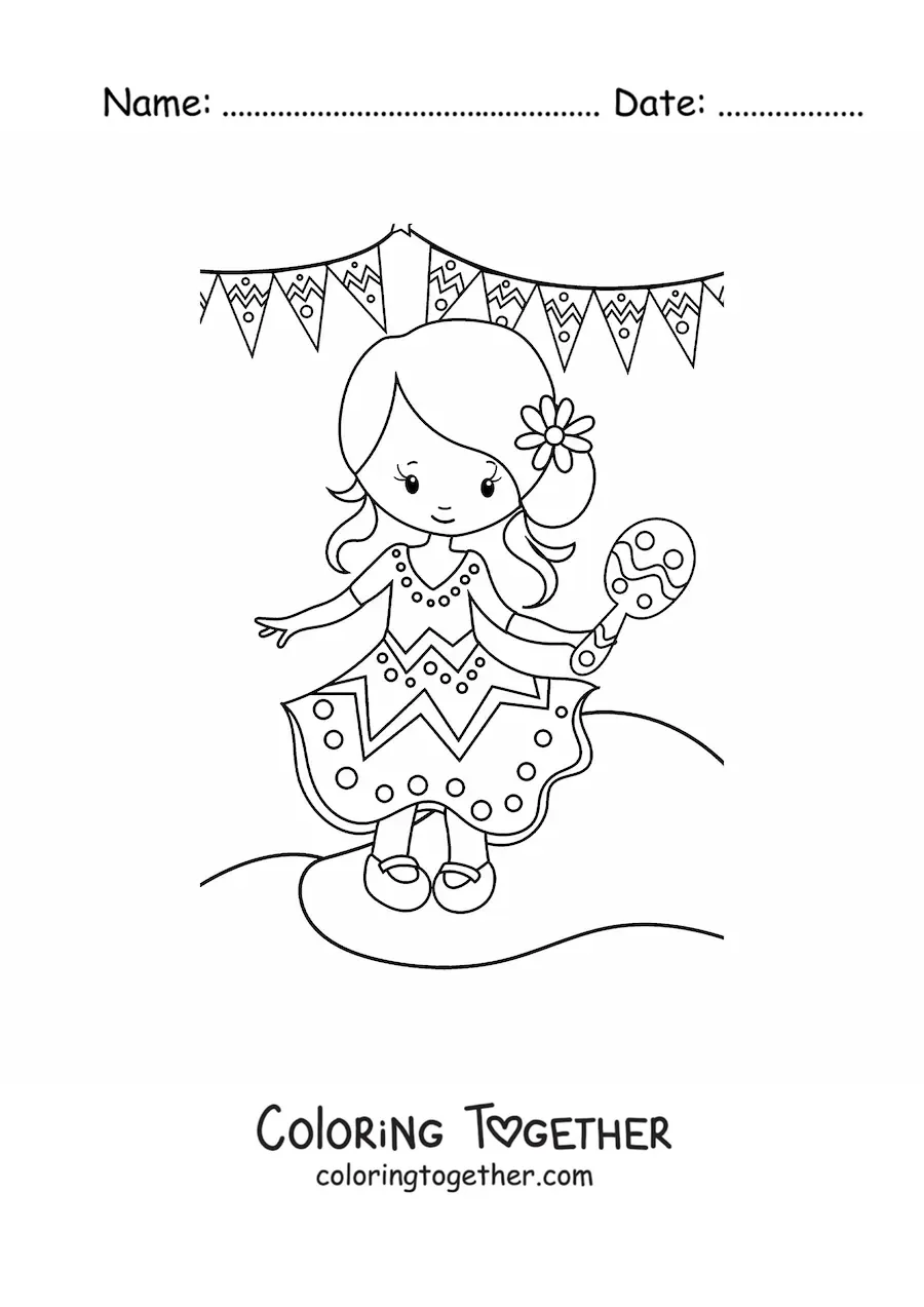 Coloring page of a cartoon Mexican girl