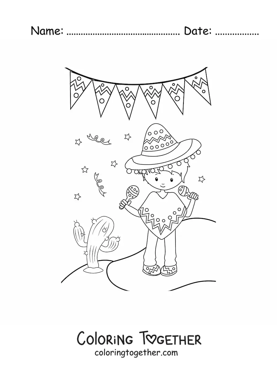 Coloring page of a cartoon Mexican boy