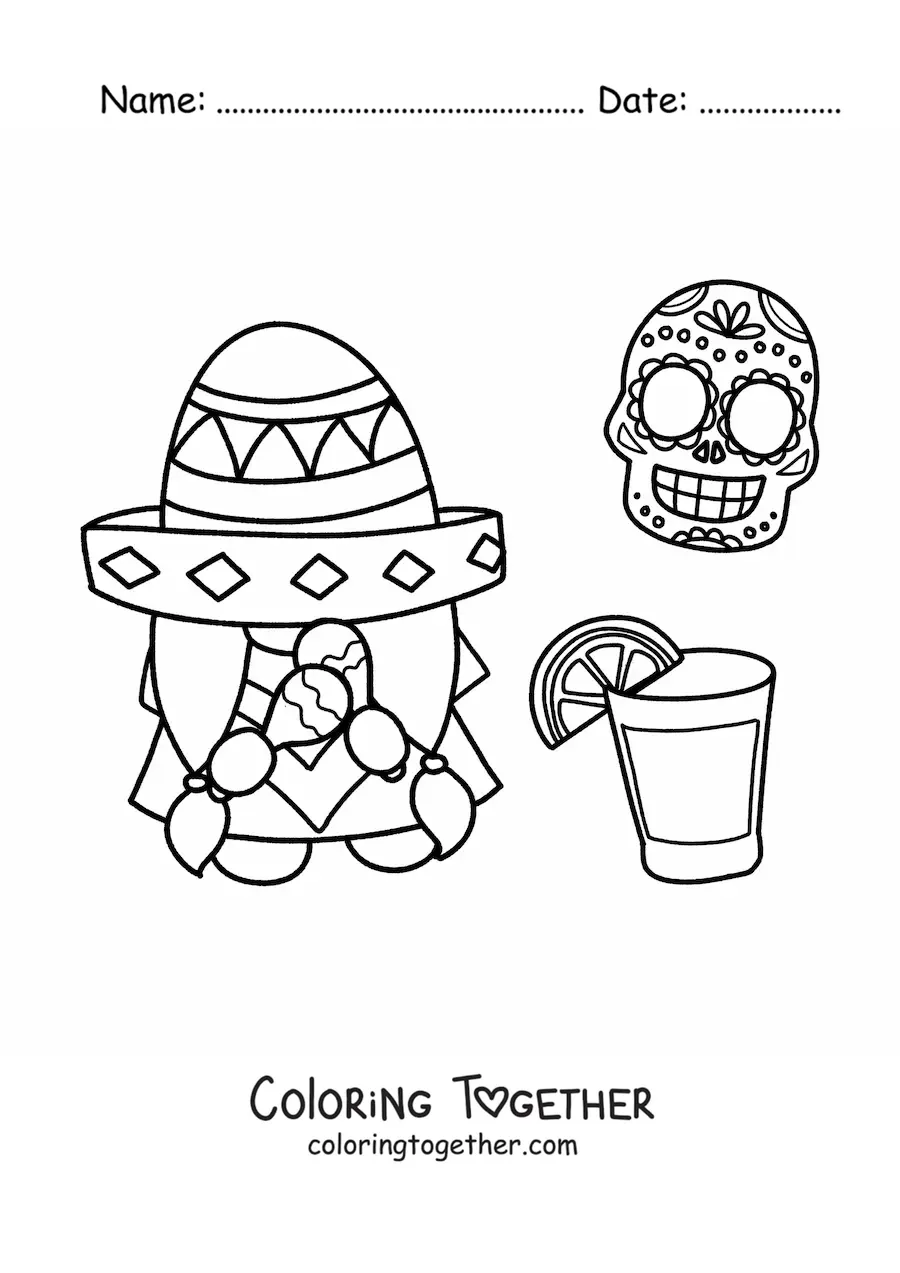 Coloring page of a cartoon gnome with a Mexican hat and tequila