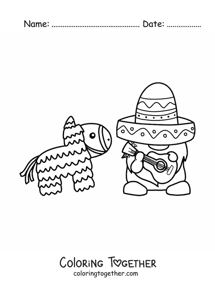 Coloring page of a cartoon gnome with a Mexican hat and a pinata