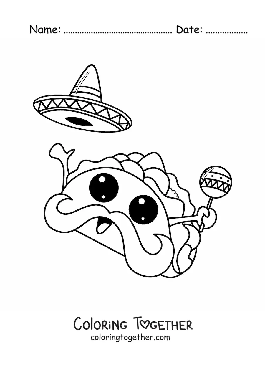 Coloring page of a cute kawaii cartoon Mexican taco with a hat and a maraca