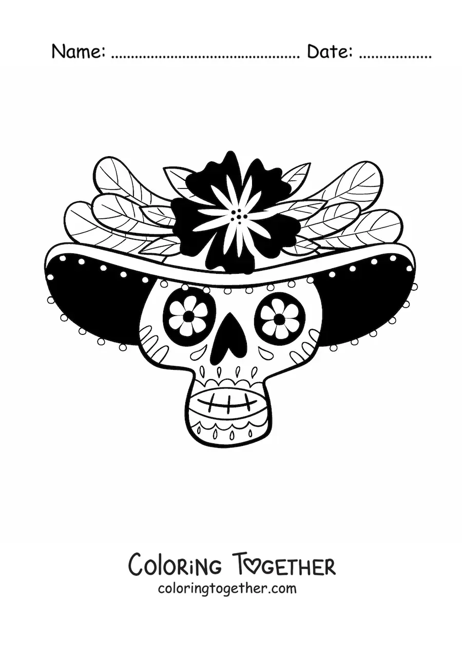 Coloring page of a Mexican skull with a hat