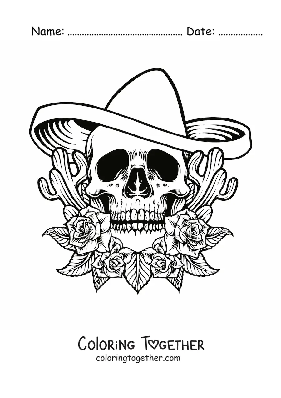 Coloring page of a skull with a Mexican hat