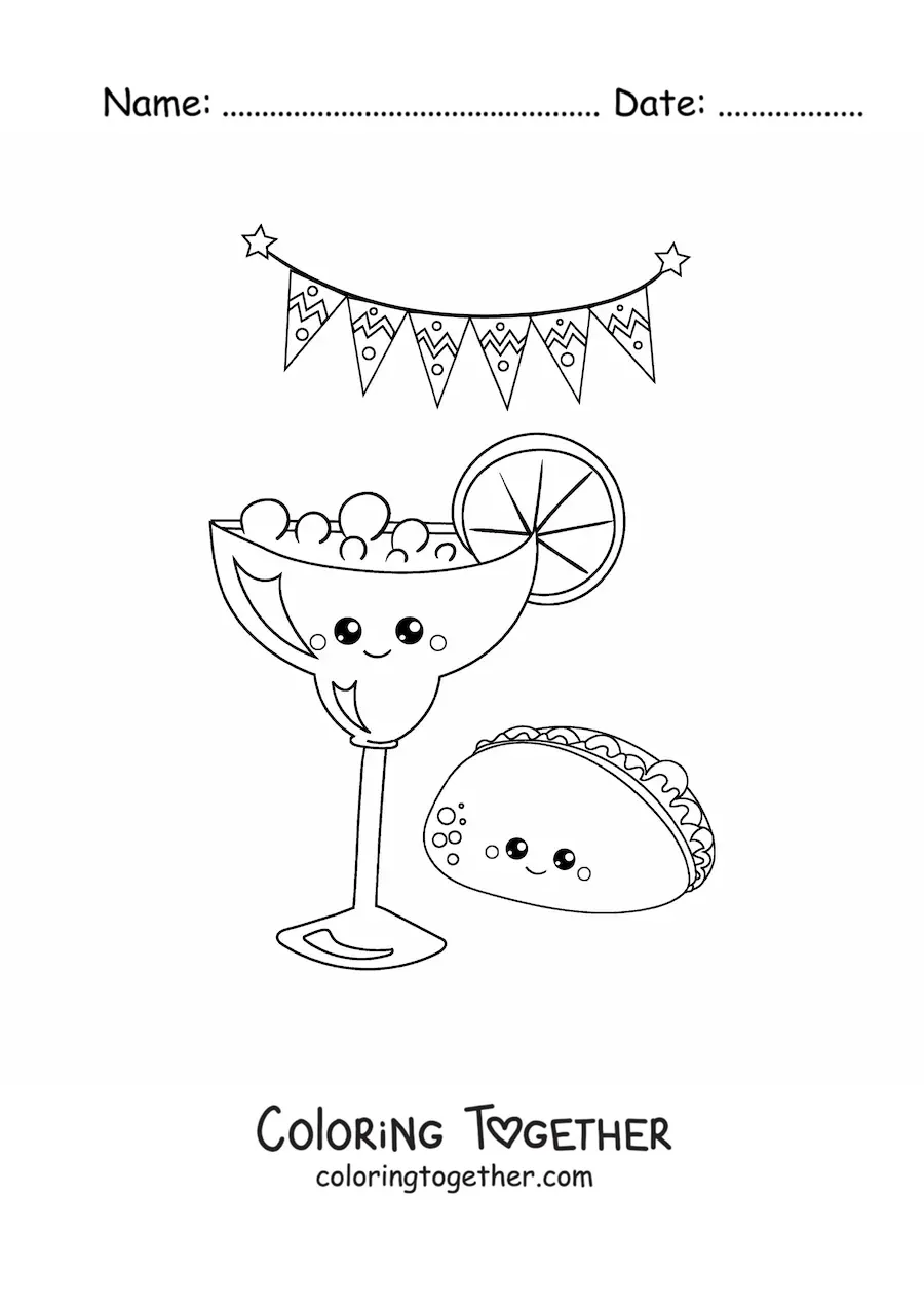 Coloring page of a cartoon taco with tequila