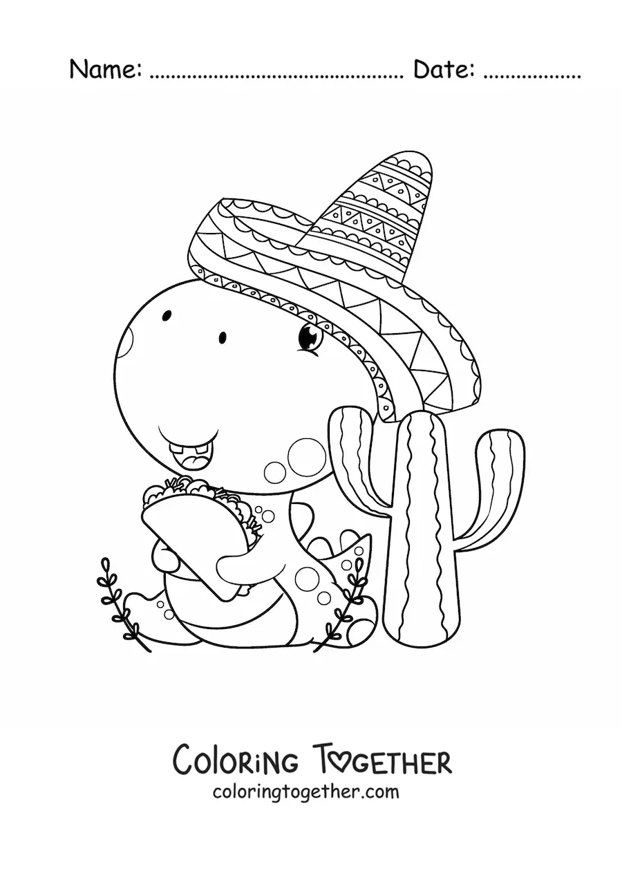Coloring page of a cartoon dinosaur with a Mexican hat and a taco