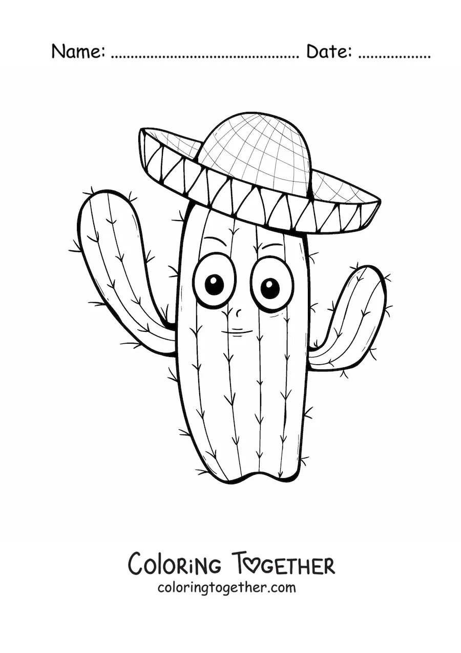 Coloring page of a cartoon Mexican cactus