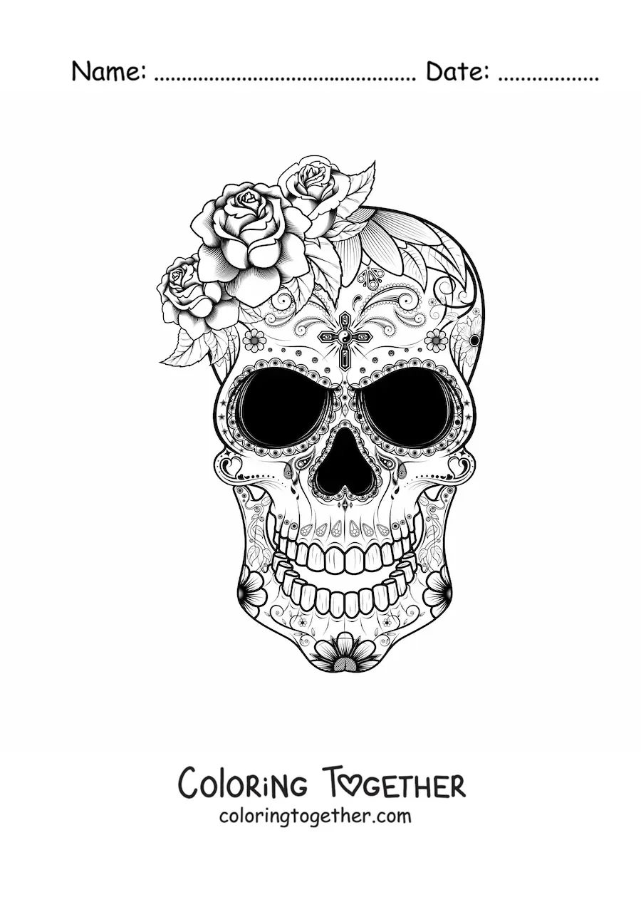 Coloring page of a Mexican skull with flowers