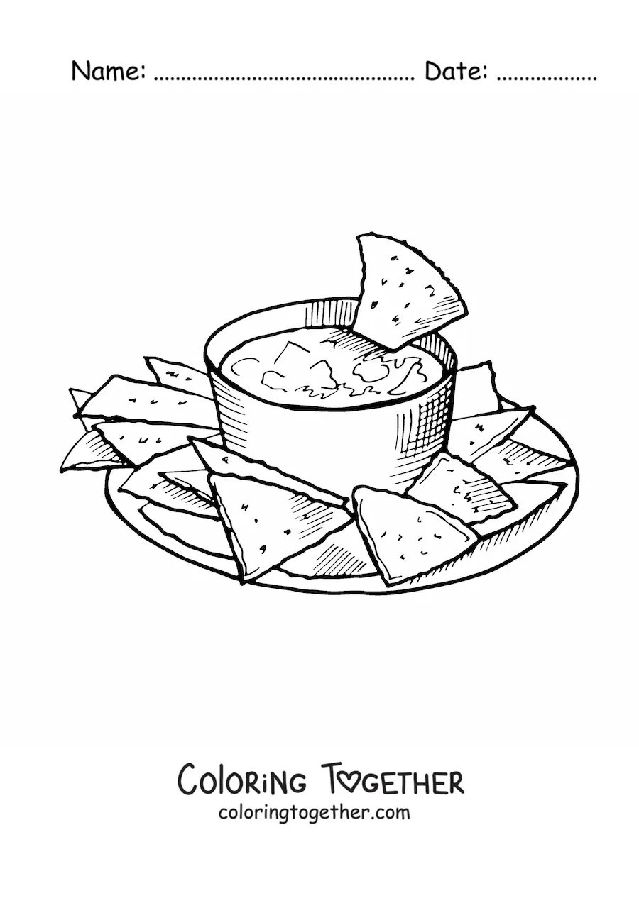 Coloring page of nachos with guacamole