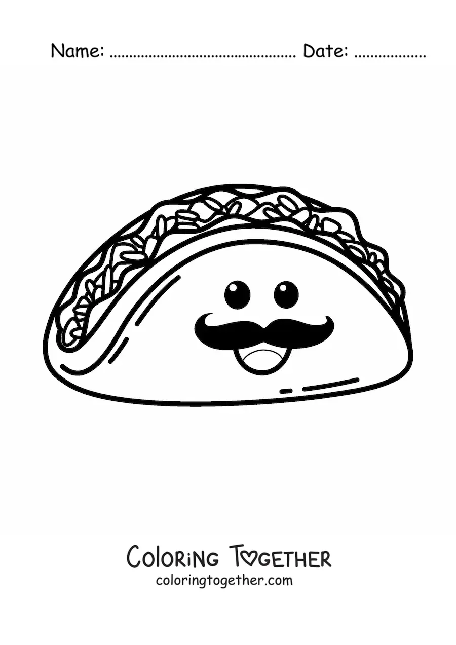 Coloring page of a cartoon mariachi taco