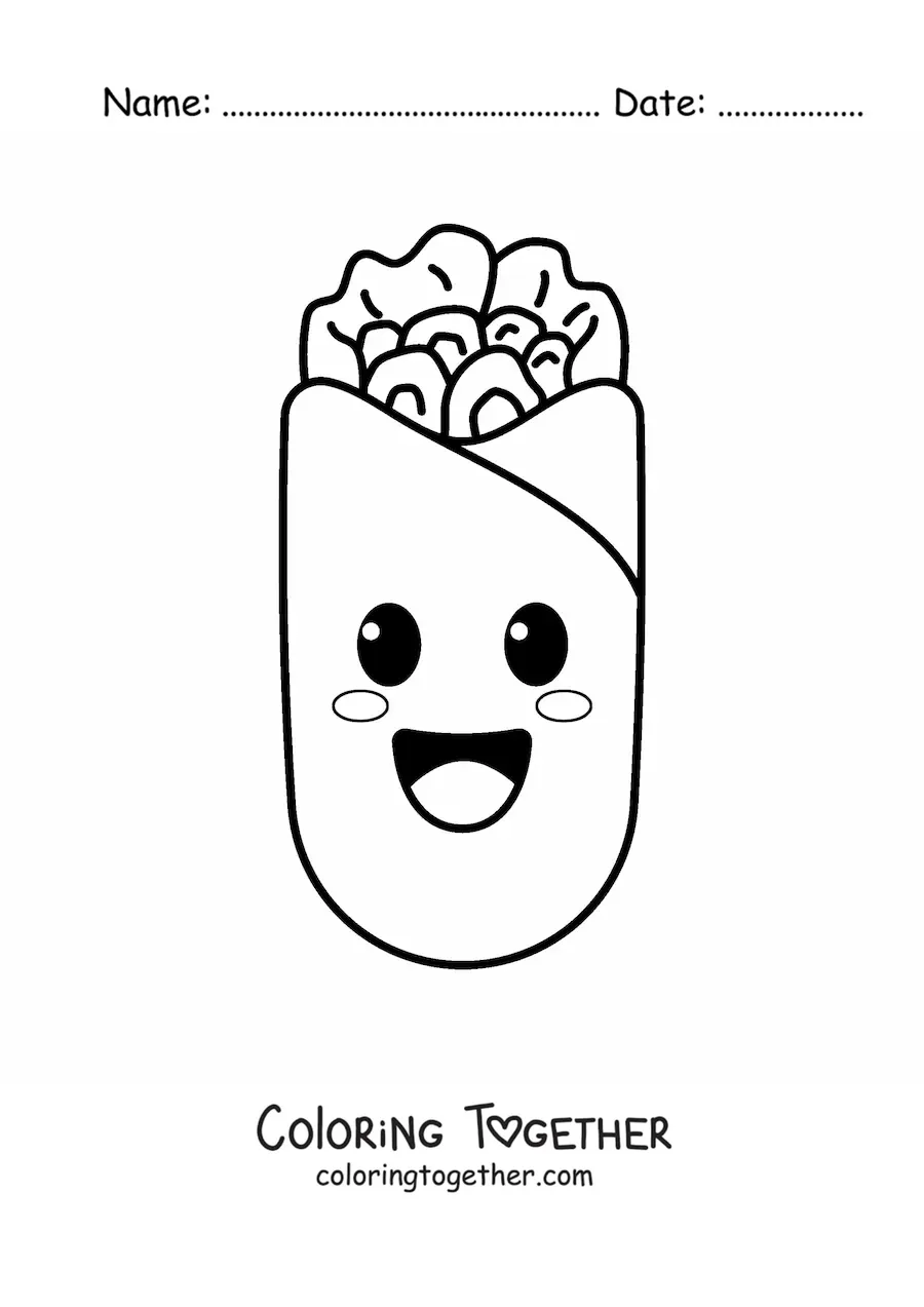 Coloring page of a cute kawaii cartoon burrito