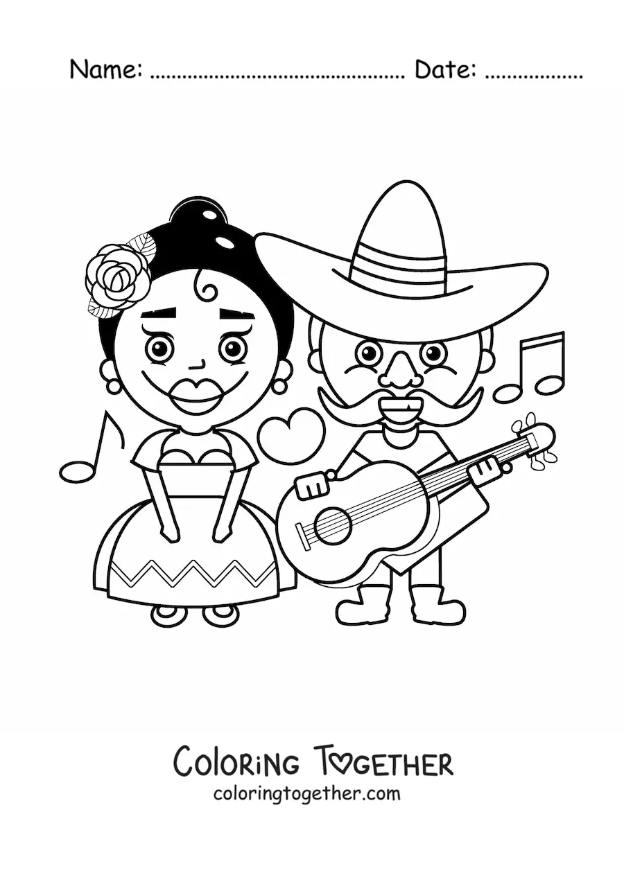 Coloring page of a Mexican couple in traditional outfits