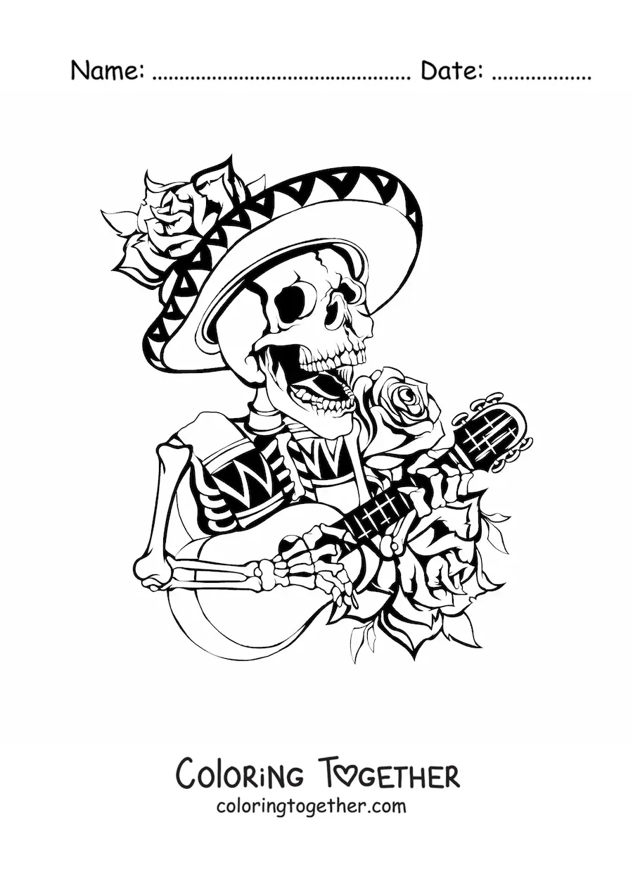 Coloring page of a Mexican mariachi skeleton