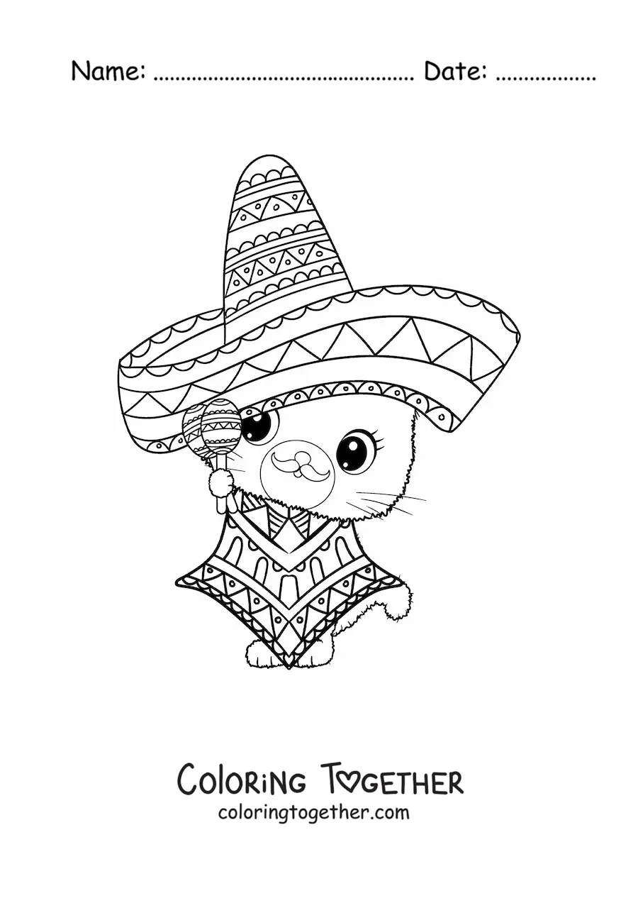 Coloring page of a cartoon mariachi cat
