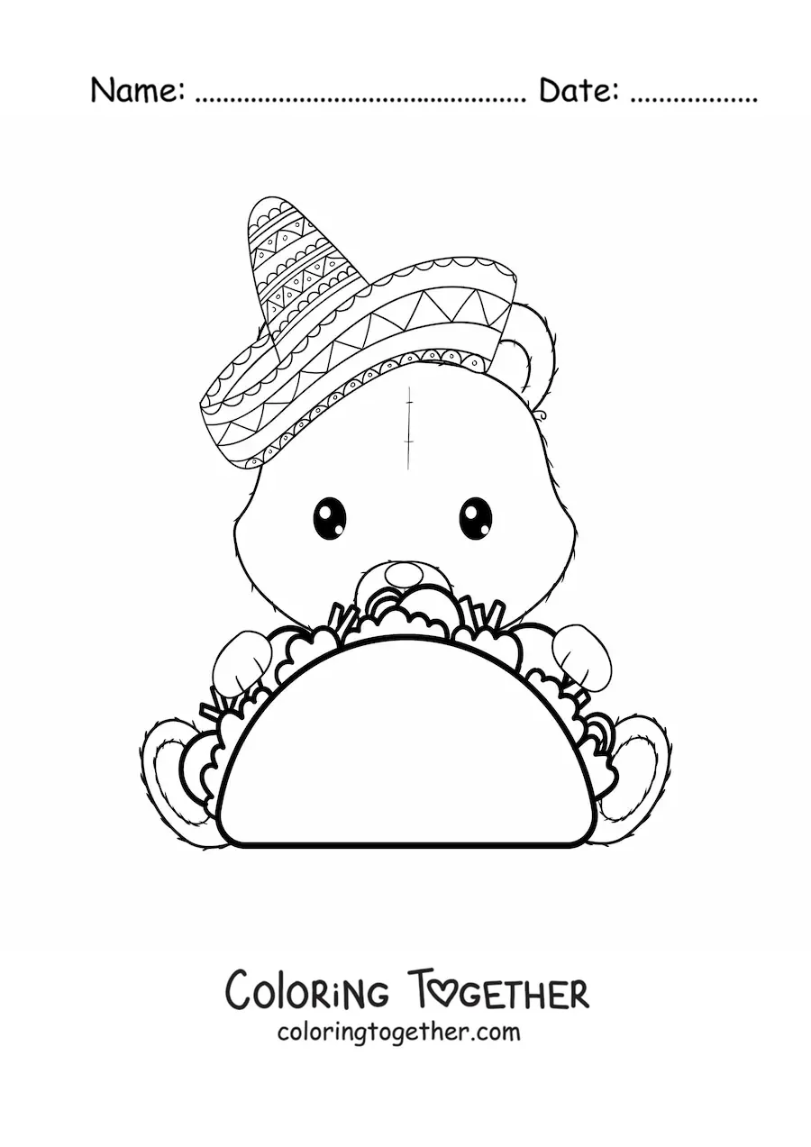Coloring page of a cartoon bear eating a taco