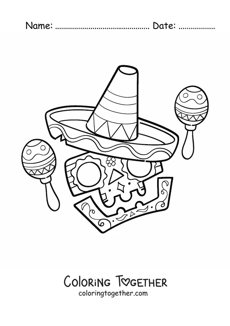Coloring page of a cartoon Mexican skull with maracas