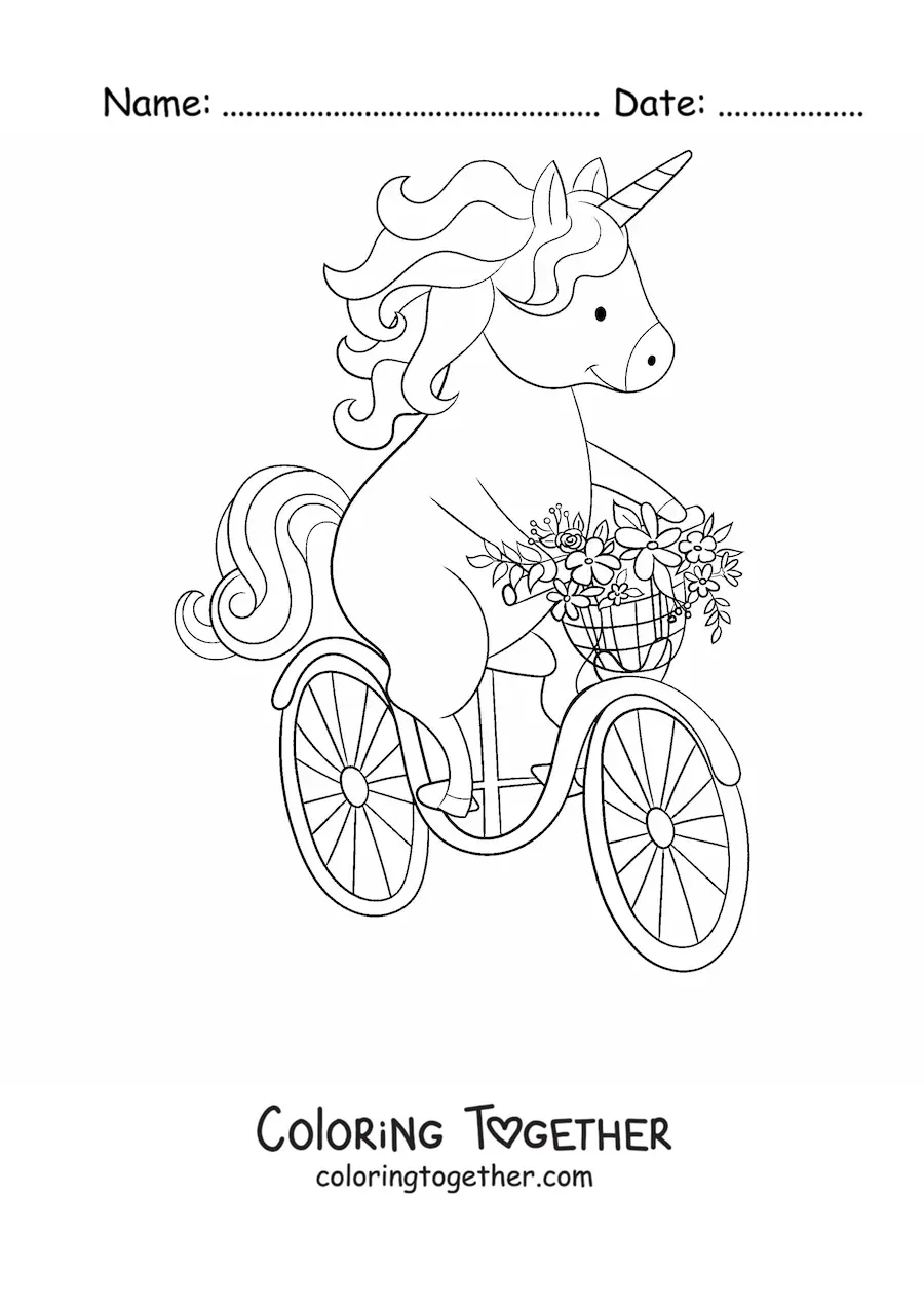 Coloring page of a kawaii unicorn riding a bicycle with flowers