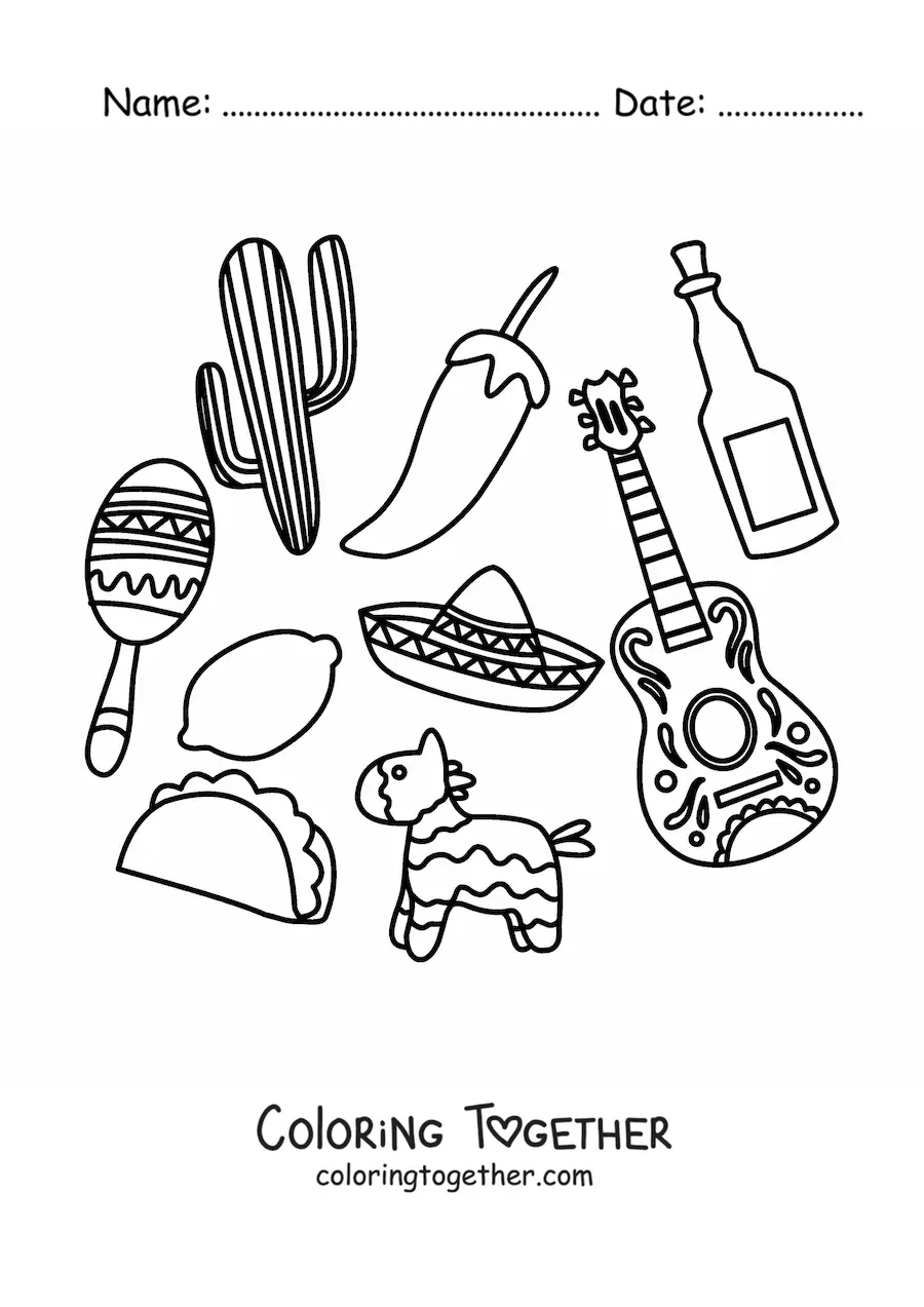 Coloring page of elements of Mexican culture