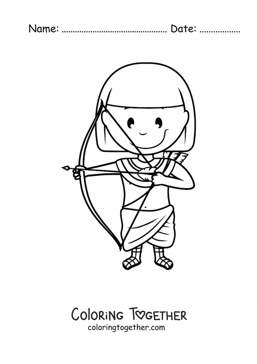 Coloring page of a cartoon Egyptian man with a bow