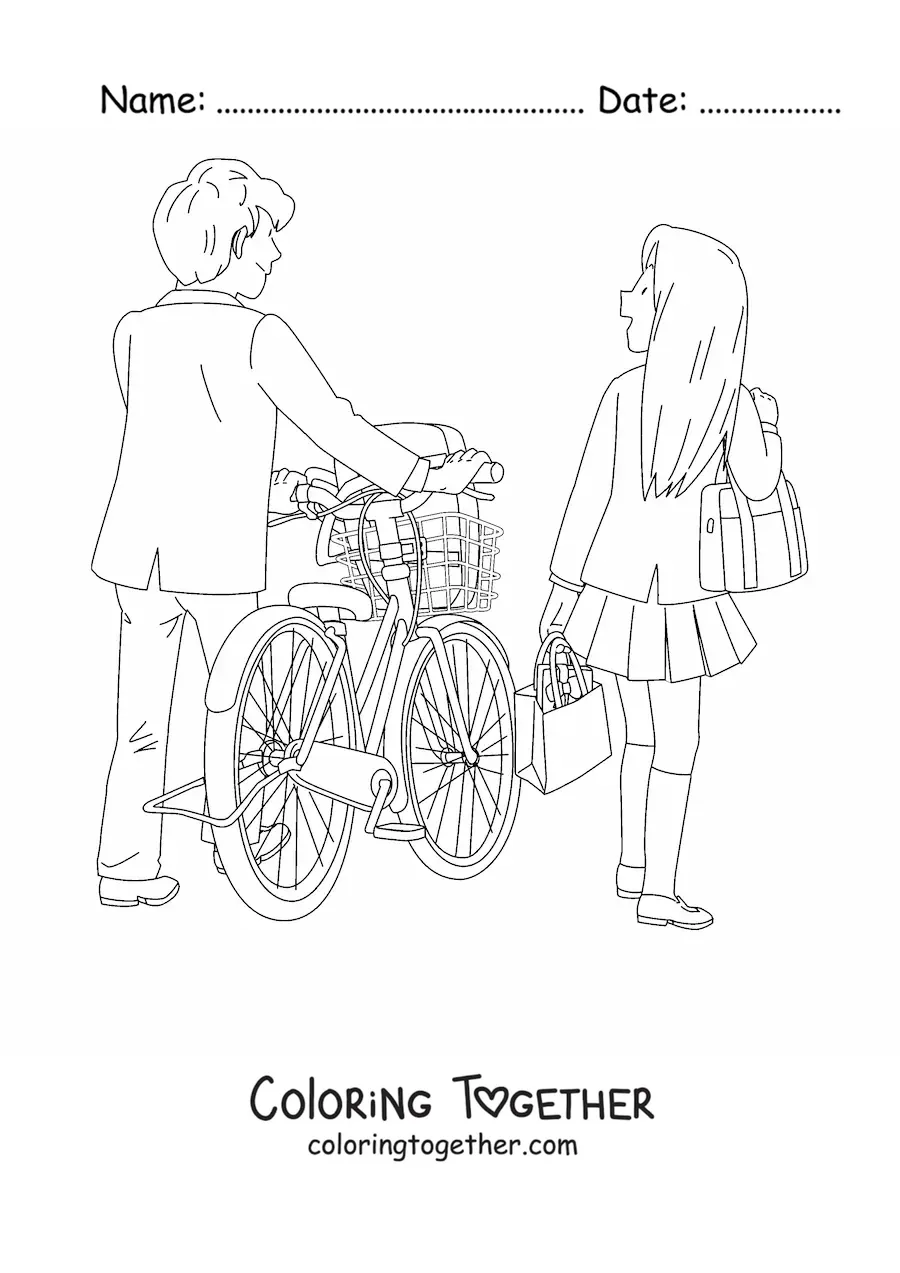 Coloring page of a couple with a bicycle