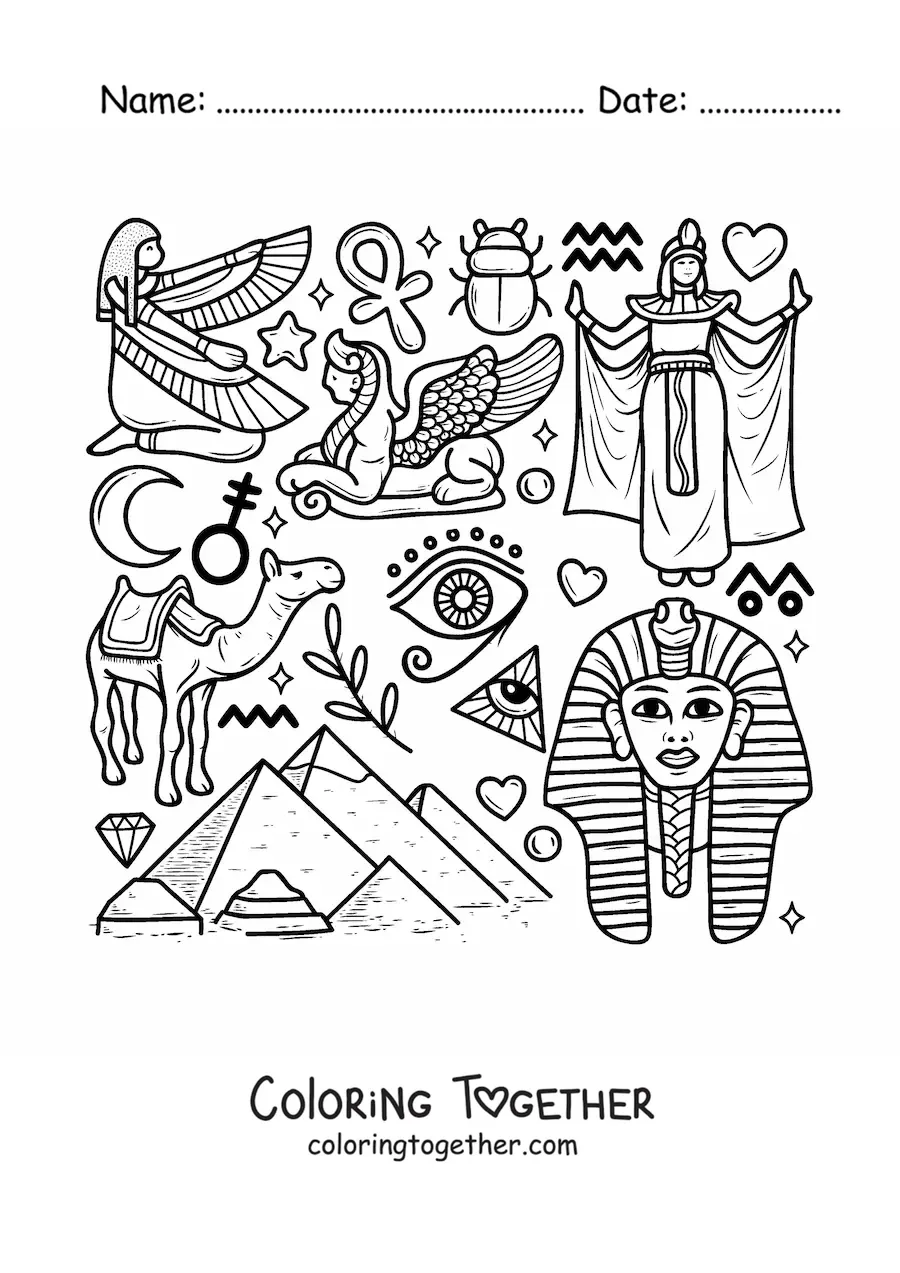 Coloring page of pyramids and elements of ancient Egyptian culture